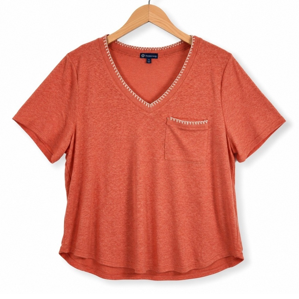 Democracy V-Neck Pocket Tee Womens 1X Orange Linen Blend Blanket Stitch Casual